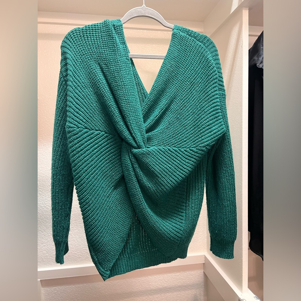 Hunter green sweater, reversible, low back